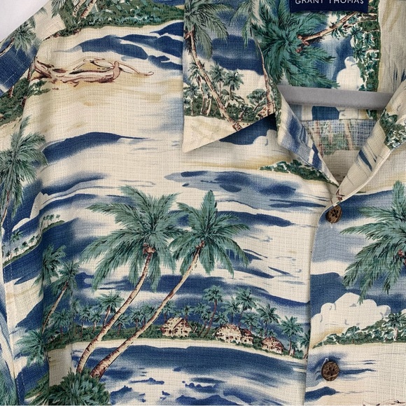 Grant Thomas Mens Silk Hawaiian Shirt Tropical Palm Tree Beach Scene XXL - Picture 5 of 7